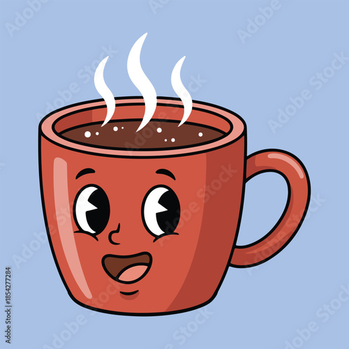 Cheerful steaming red cartoon coffee mug with a happy face, ideal for breakfast drink illustrations and cozy morning themes.
