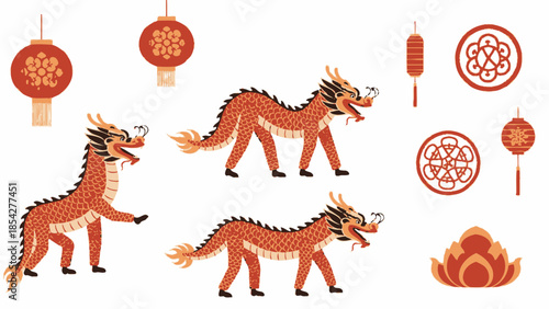 Chinese Dragons, Lanterns, and Lotus Flower Set - Traditional Asian Illustration