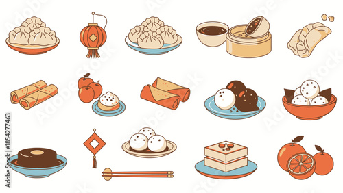 Chinese Food Assortment: Dumplings, Spring Rolls, Desserts, and Oranges