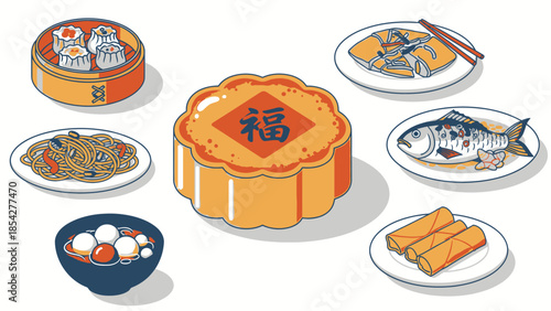 Chinese Food Assortment: Mooncake, Dim Sum, Noodles, Fish, Spring Rolls, Tangyuan