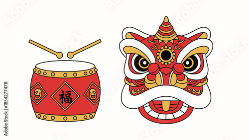 Chinese Lion Dance Head and Drum with Sticks, Festive Celebration Element