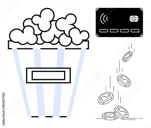 Entertainment, online payments, cinema, cashless transactions, e-commerce, streaming services. Popcorn, contactless credit card falling coins. Entertainment and online payments concept