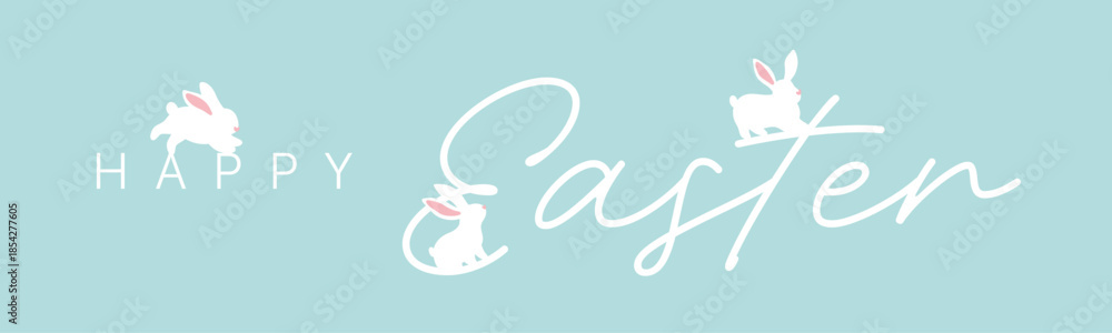 Obraz premium Easter horizontal banner with white bunny silhouettes, flowers and eggs on light colour pastel background, spring holiday vector with happy easter text