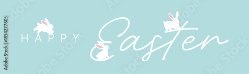 Easter horizontal banner with white bunny silhouettes, flowers and eggs on light colour pastel background, spring holiday vector with happy easter text