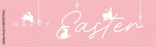 Easter horizontal banner with white bunny silhouettes, flowers and eggs on light colour pastel background, spring holiday vector with happy easter text