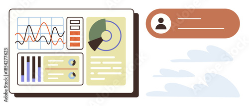 Dashboard featuring charts, graphs, and data visuals alongside a user profile card. Ideal for analytics, business, management, strategy, stats tracking workflow and monitoring. Simple flat metaphor