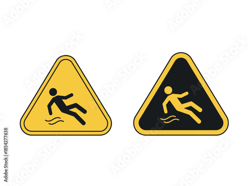 Two triangular warning signs depicting a person slipping on a wet surface are prominently displayed