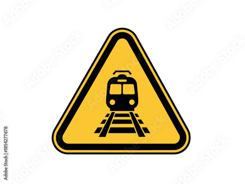 a yellow triangular warning sign depicting a train on railway tracks is shown clearly high quality