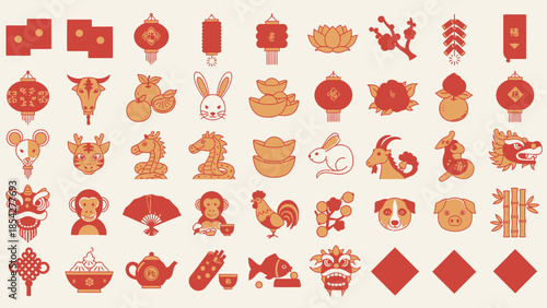 Chinese New Year Icons Collection: Zodiac Animals, Lanterns, Firecrackers, and Symbols