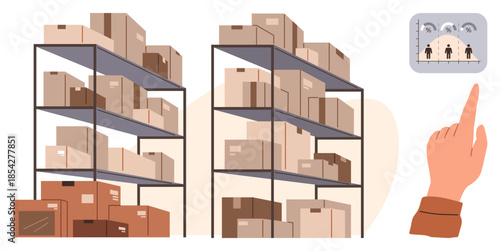 Stacked shelves filled with boxes, hand pointing at data visualization screen. Ideal for logistics, inventory management, technology, warehouse efficiency, supply chain, digital tracking