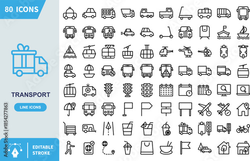 Simple blue line art icon depicting a delivery truck carrying a large wrapped gift box symbolizing transport and logistics services for special occasions.