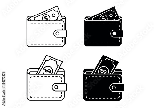 A simple illustration depicting four different wallet designs with visible cash inside high-quality professional detailed