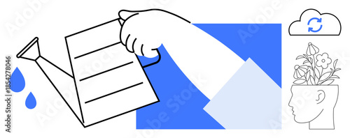 Hand pouring water from watering can, brain-shaped plant pot blooming with flowers, cloud reload icon. Ideal for creativity, mindfulness, growth, knowledge, mental health innovation simplicity. A