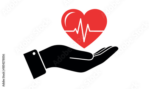 A caring hand gently holds a red heart with a vital sign heartbeat waveform inside