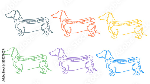 Colorful Outline Continuous Line Dachshund Dog with Hotdog Bun Food Illustration