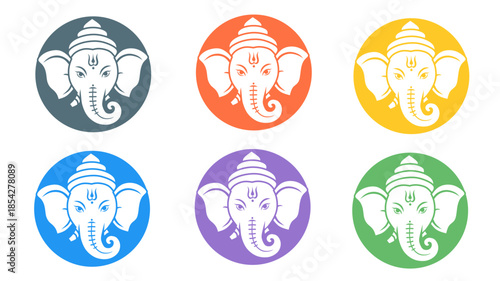 Minimalist Flat Style Lord Ganesha Face Icon Set Religious Celebration