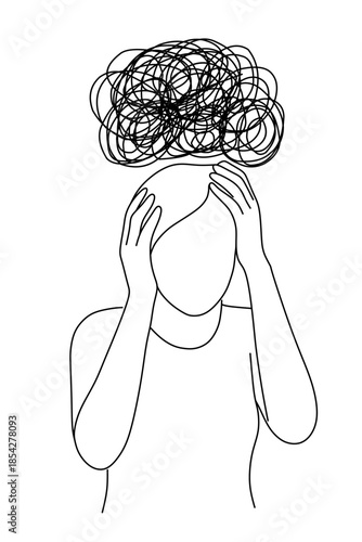 Minimalist Line Art Woman Experiencing Anxiety with Tangled Thoughts Concept Illustration