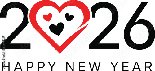 Happy new year 2026 typography design with red heart shape replacing zero for romantic holiday greeting card vector illustration