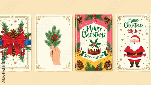 Set of four vintage style Christmas greeting cards with Santa Claus red bow and holiday typography vector illustration templates