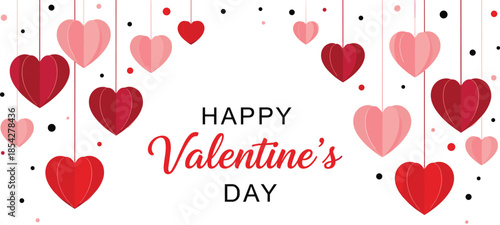 Romantic valentine day background with hanging red and pink paper craft hearts and confetti for holiday greeting banner vector illustration