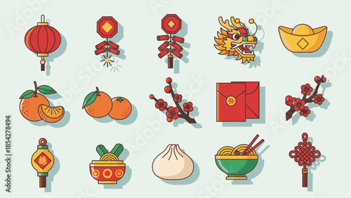 Chinese New Year Icons: Lantern, Dragon, Firecrackers, Oranges, Red Envelopes