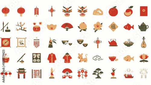 Chinese New Year Icons: Festive Symbols Collection - Vector Art