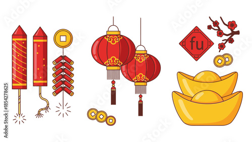 Chinese New Year Icons: Firecrackers, Lanterns, Gold Ingots, Coins, Fu Symbol