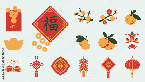 Chinese New Year Icons: Fortune, Prosperity, Celebration Elements