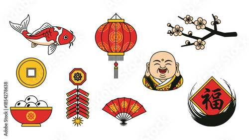 Chinese New Year Icons: Koi Fish, Lantern, Buddha, Fan, Firecrackers, Coin, Cherry Blossom