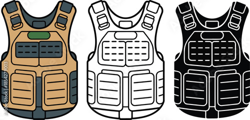 Bulletproof Vest silhouette & Outline and illustration set isolated on transparent background