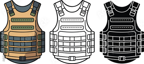 Bulletproof Vest silhouette & Outline and illustration set isolated on transparent background