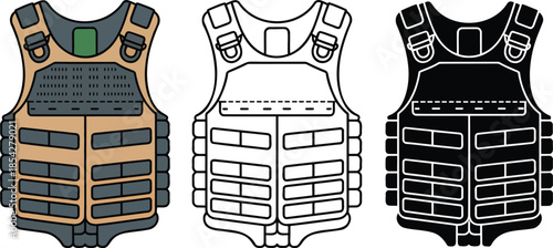 Bulletproof Vest silhouette & Outline and illustration set isolated on transparent background