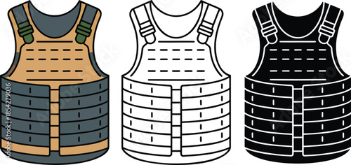 Bulletproof Vest silhouette & Outline and illustration set isolated on transparent background