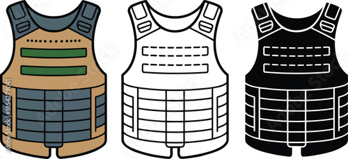 Bulletproof Vest silhouette & Outline and illustration set isolated on transparent background