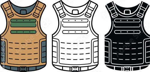 Bulletproof Vest silhouette & Outline and illustration set isolated on transparent background