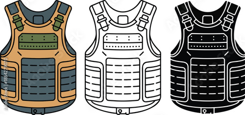 Bulletproof Vest silhouette & Outline and illustration set isolated on transparent background