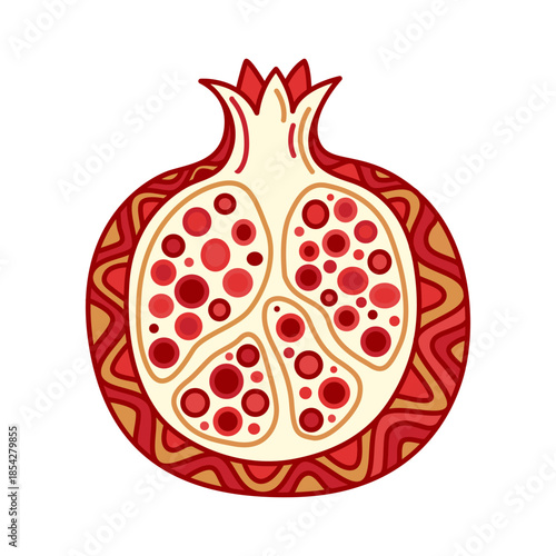 Pomegranate vector illustration on white background. Red ripe pomegranate cross section with seeds. Stylized fruit for healthy food design. Decorative ethnic style design for organic product. 