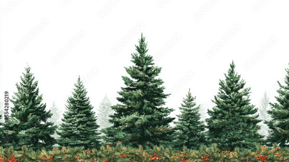 Fototapeta premium Lush evergreen trees stand together in a snowy scene. Bright red berries are scattered among the branches at the base of the trees creating a festive look.