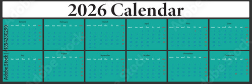 2026 year monthly office planner, calendar starts monday, two red weekends, white background. 2026 Year Simple Calendar Template with Space for Logo, Illustration or Photo. Week Starts on Sunday.