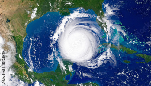 Satellite view of a powerful hurricane swirling over the Caribbean Sea