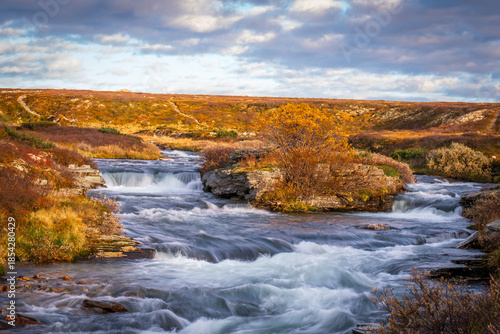 Mountain river flowing through autumn tundra landscape
