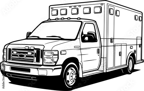 black and white ambulance truck illustration for emergency medical service, healthcare education, posters, icons, and coloring book design