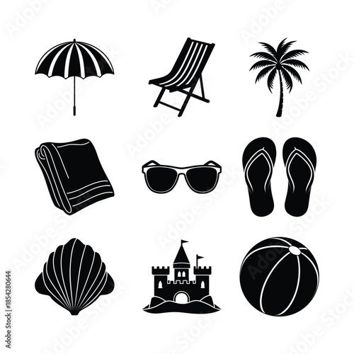 Set of beach essentials elements, Flat design, Summer vacation icons