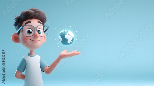 Niedlicher Cartoon-Junge hält die Erde als Nachhaltigkeitskonzept
