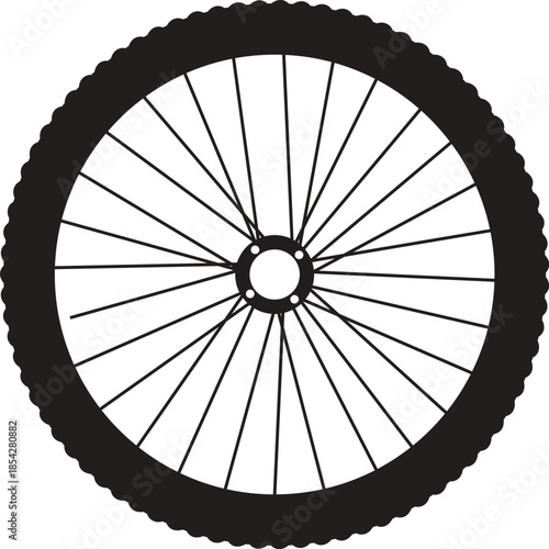 Detailed Bicycle Wheel Silhouette with Spokes and Mountain Bike Tire Tread Pattern for Cycling Enthusiasts, Bike Repair Shop Logo, Outdoor Adventure Sports Graphic, Transport and Travel Iconography