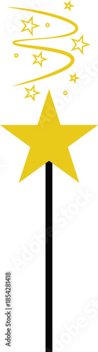 Golden magic wand with glowing stars and sparkling trail vector illustration, wizard or fairy godmother magical stick icon, enchanted fantasy element for mystery and imagination designs on white.