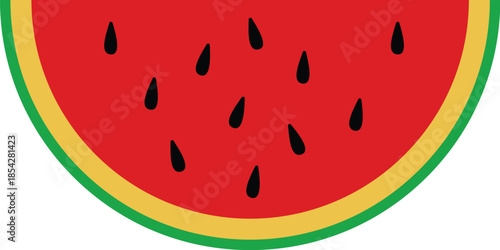 Sliced watermelon half vector illustration with black seeds, fresh red summer fruit icon, healthy organic food and seasonal snack element, bright flat design for kitchen and nutrition themes.