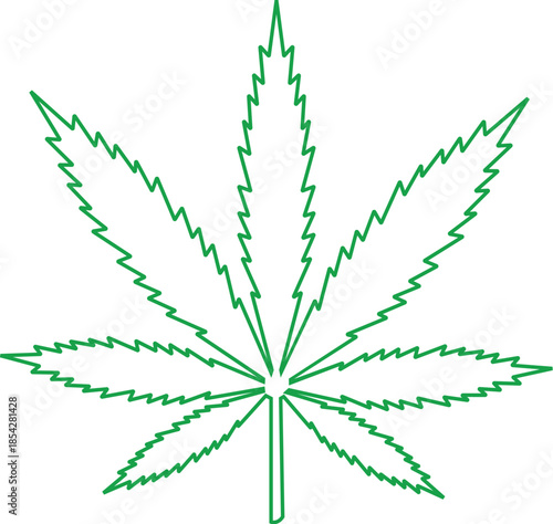 Green cannabis leaf outline vector illustration, marijuana hemp plant linear symbol, medical herb and weed culture minimalist graphic for branding, natural wellness, and botanical designs.