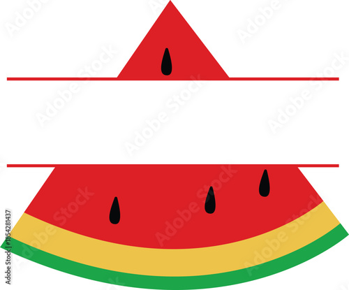 Bitten Watermelon Slice with Horizontal Split Frame for Custom Text or Logo, Red Summer Fruit Graphic with Seeds and Green Rind Isolated on White Background for Seasonal Designs and Monograms.