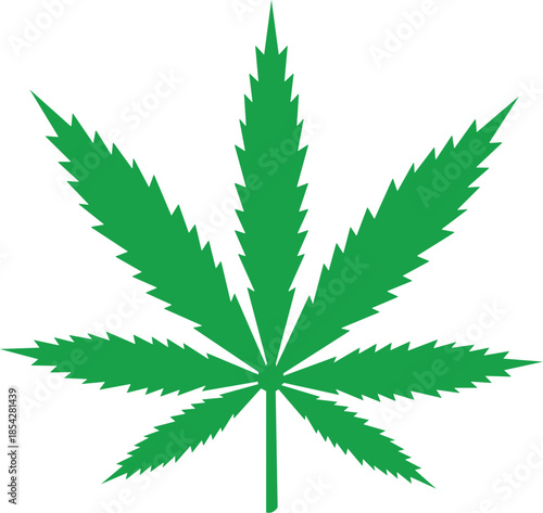 Green Cannabis Marijuana Leaf Silhouette Illustration, Sativa Hemp Herb Graphic Isolated on White Background for Medical Marijuana, CBD Wellness and Botanical Designs Vector Graphic Design Art.